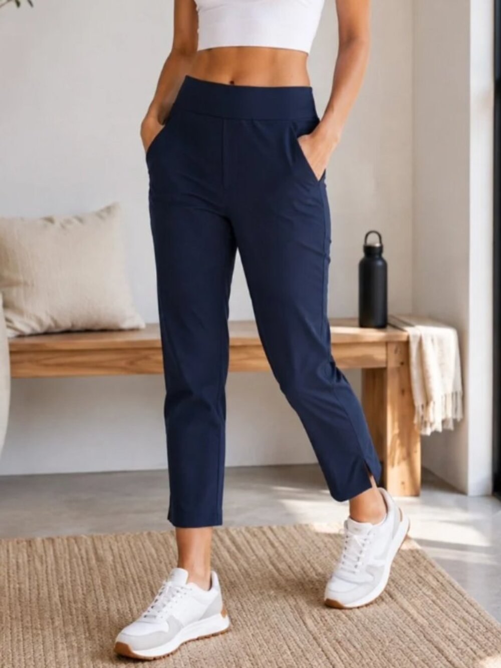 Athleta Brooklyn Pant Navy Blue Stretch Fabric Pull On Slim Leg Size 10